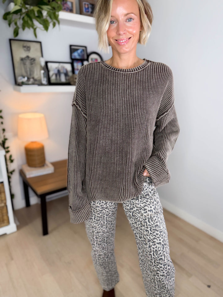 Melody Washed Cotton Ribbed Sweater- DARK BROWN