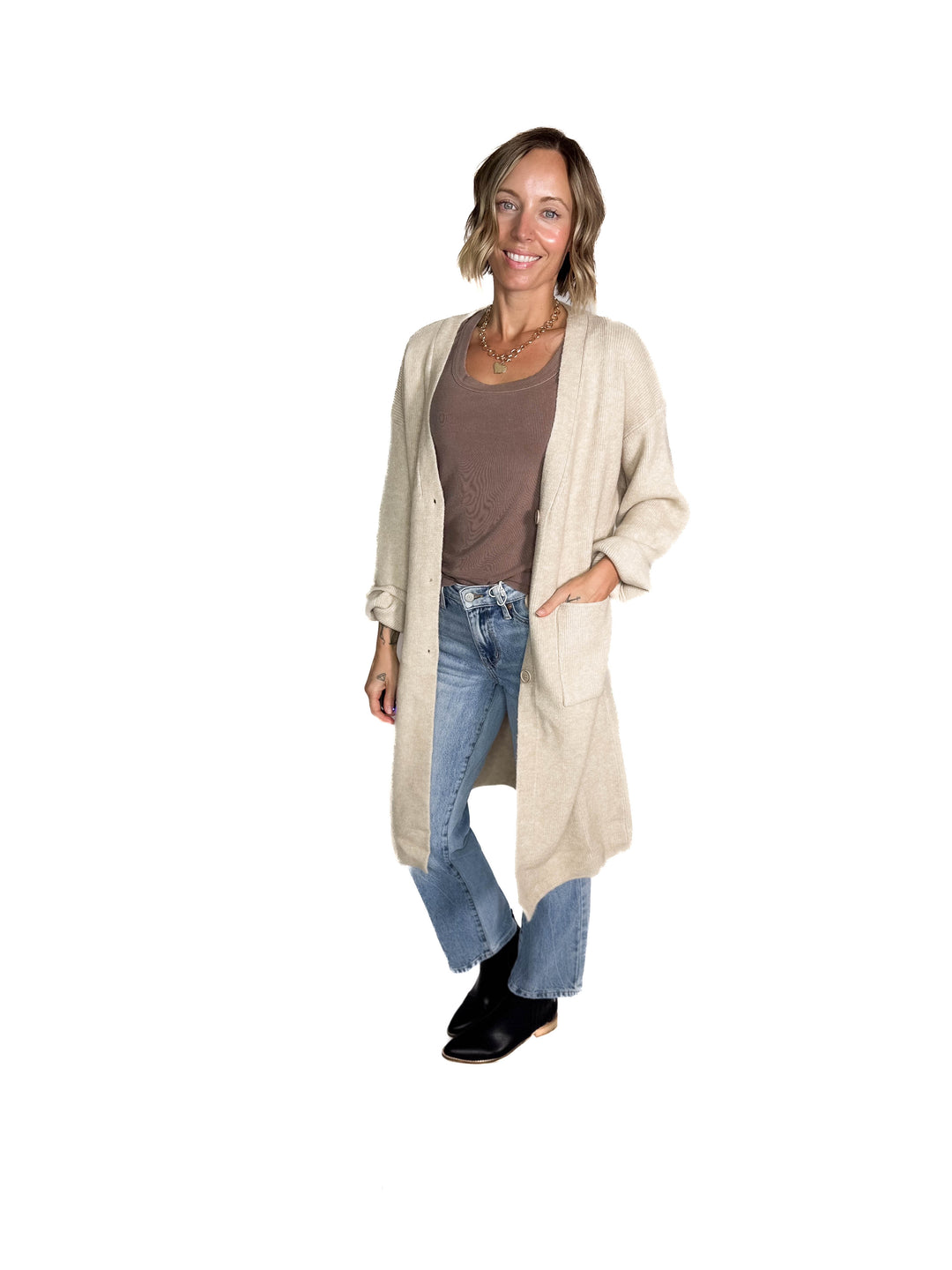 Everly Long Line Button Cardigan- BEIGE