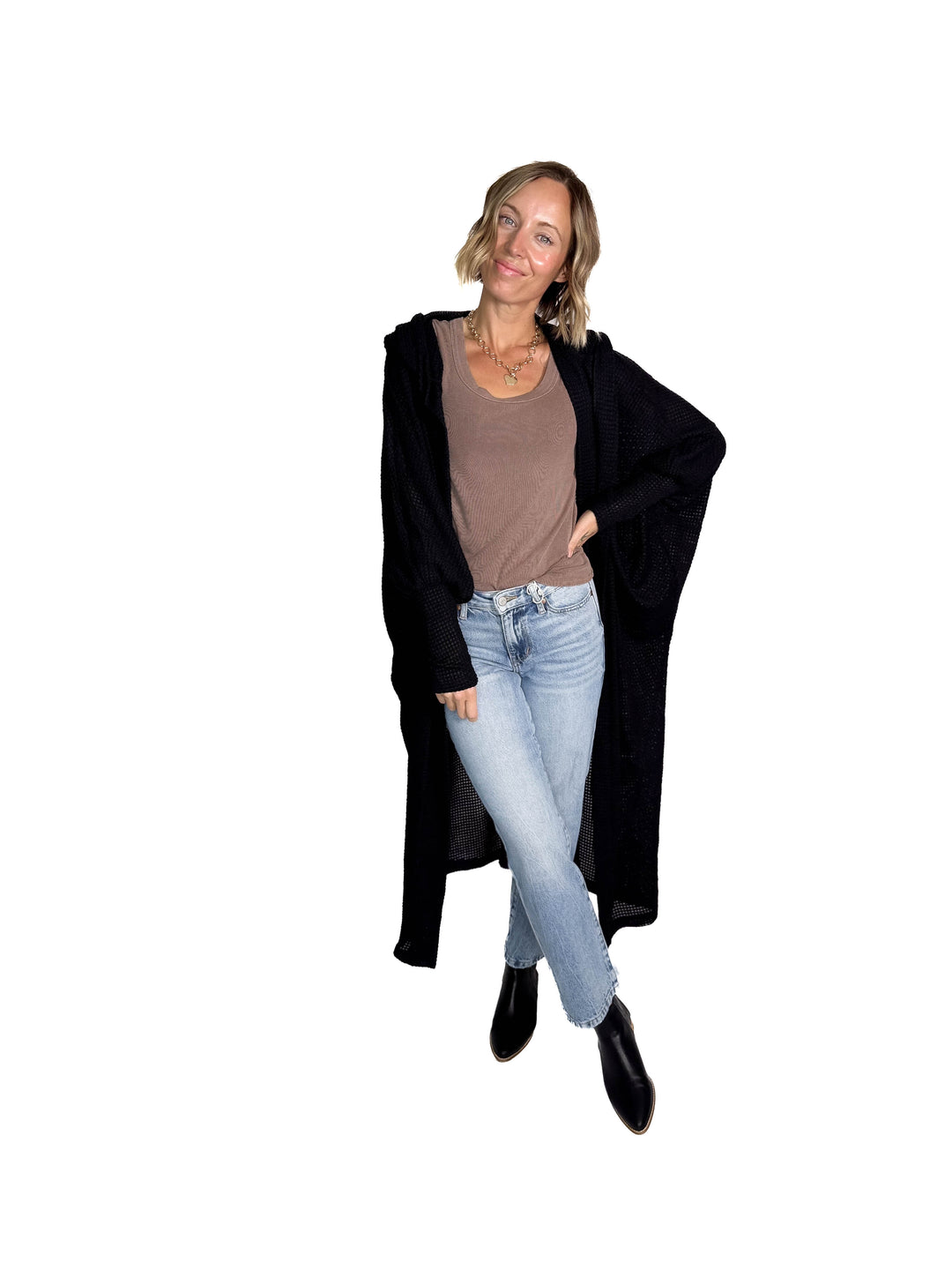 Myah Waffle Duster Cardigan-BLACK