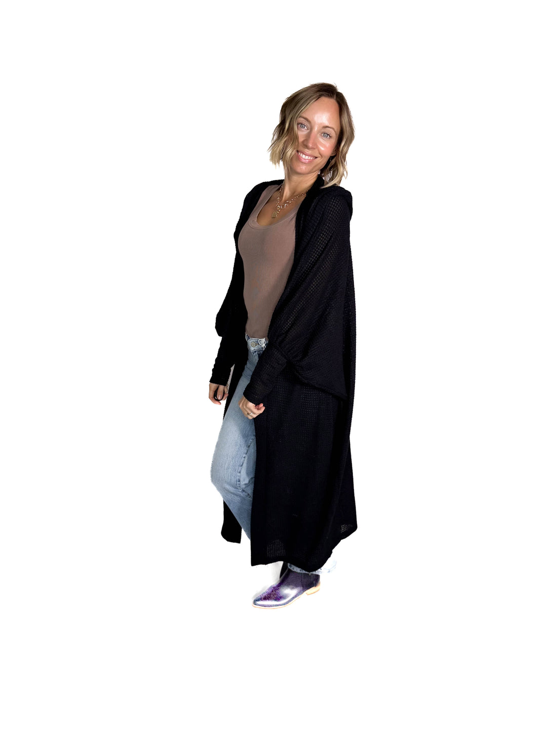 Myah Waffle Duster Cardigan-BLACK