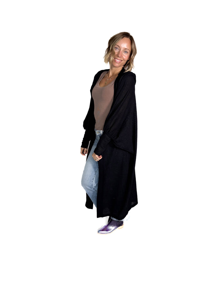 Myah Waffle Duster Cardigan-BLACK