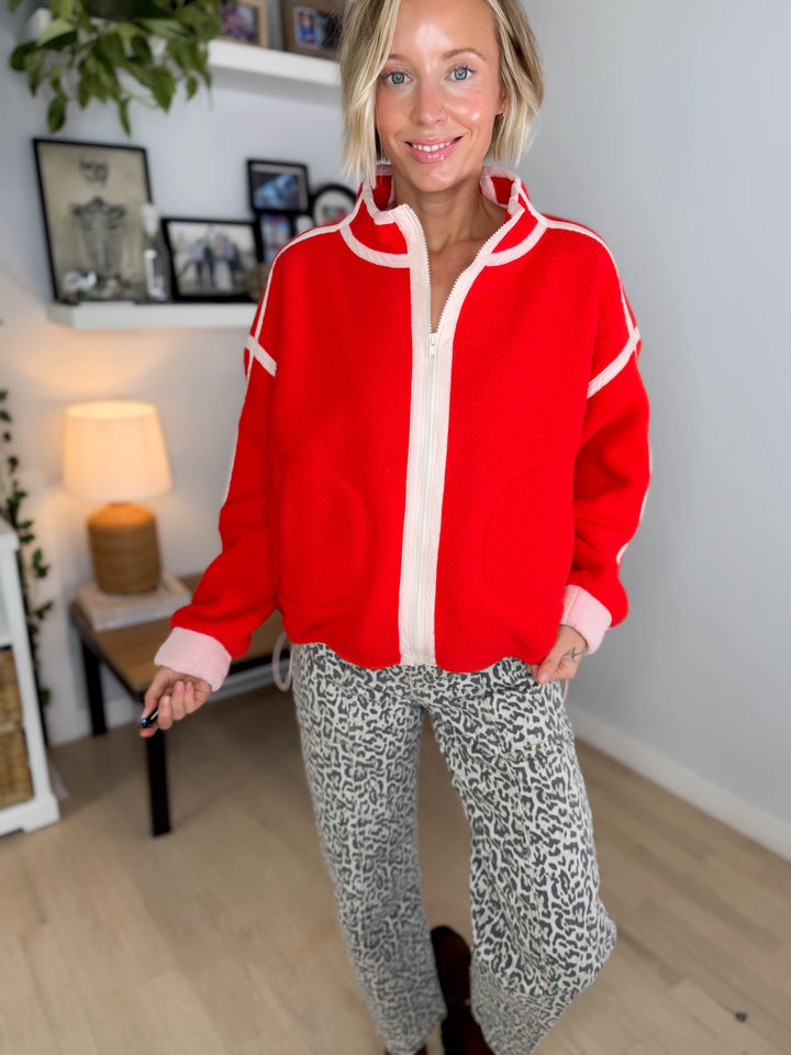 Christina Full Zip Sherpa Fleece Jacket- CARROT RED