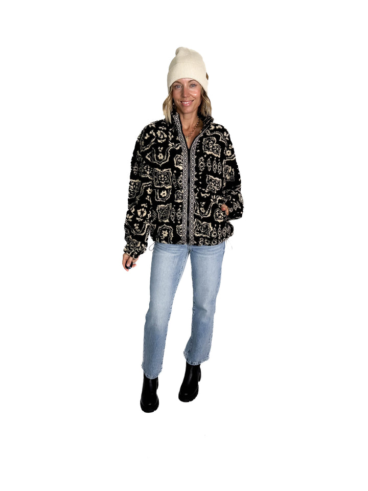 Hailey Oversized Boho Print Sherpa- BLACK MULTI