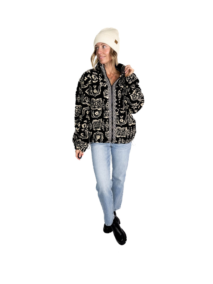 Hailey Oversized Boho Print Sherpa- BLACK MULTI