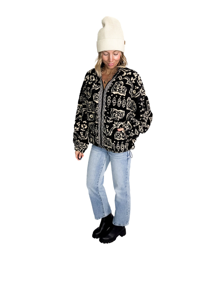 Hailey Oversized Boho Print Sherpa- BLACK MULTI