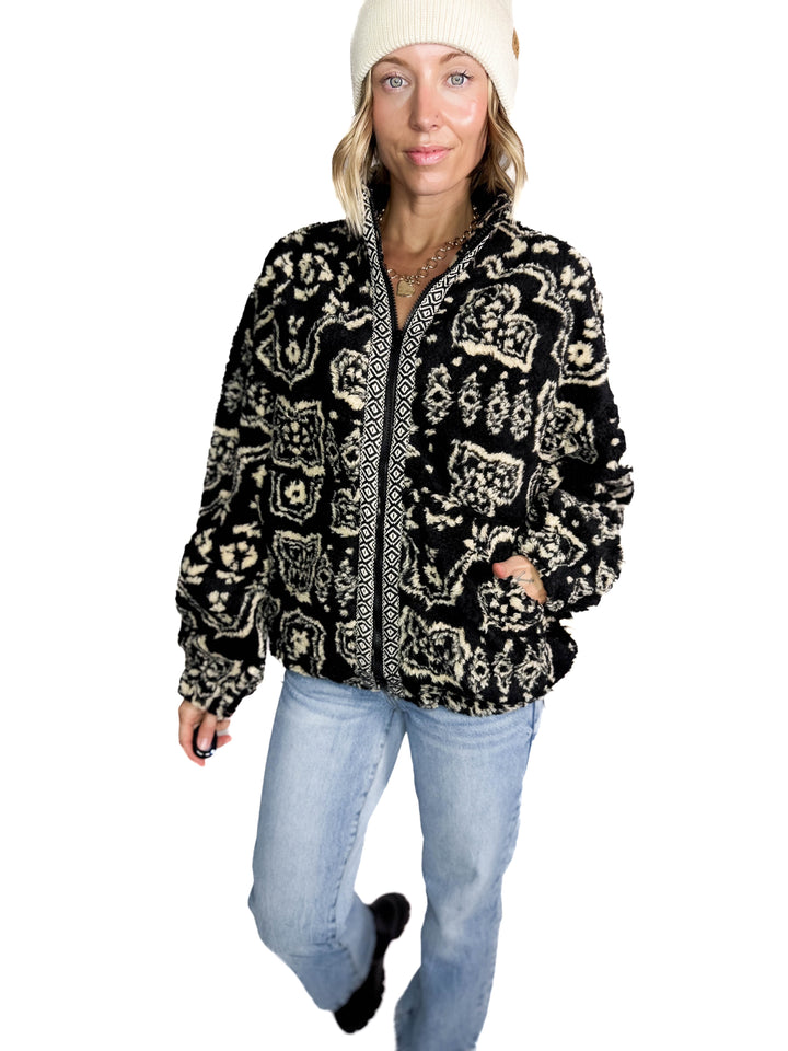 Hailey Oversized Boho Print Sherpa- BLACK MULTI