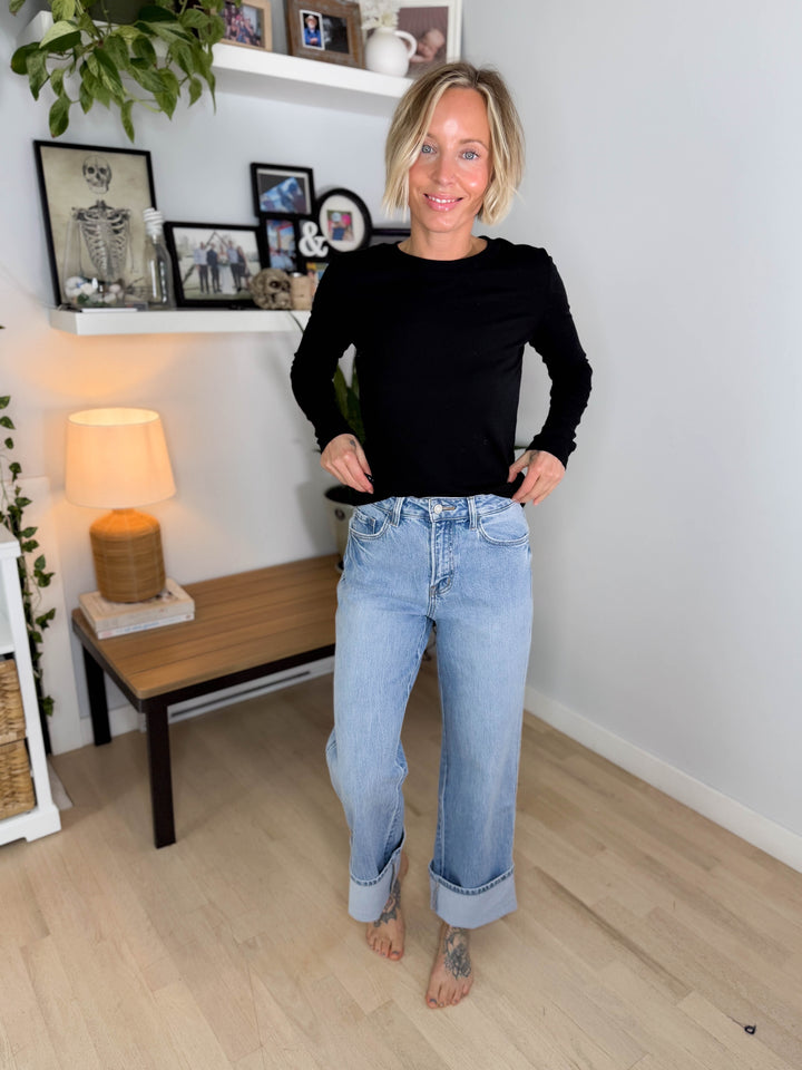 Vervet Ally High Rise Cuffed Baggy Jean- LIGHT WASH