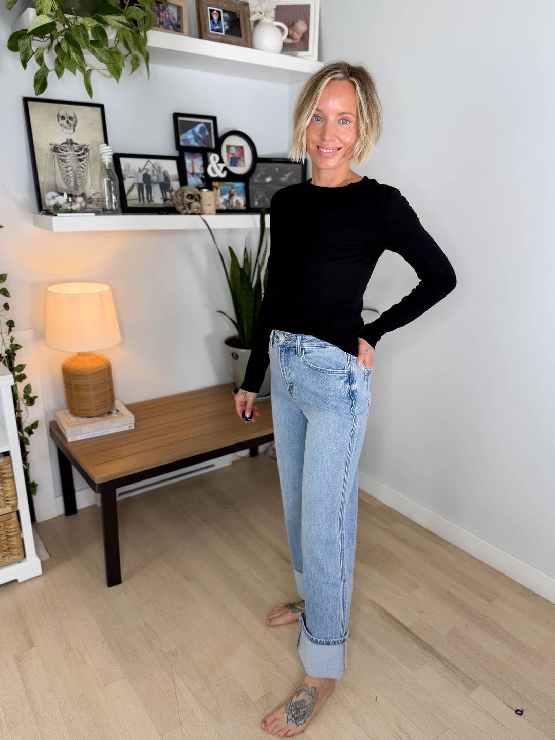 Vervet Ally High Rise Cuffed Baggy Jean- LIGHT WASH