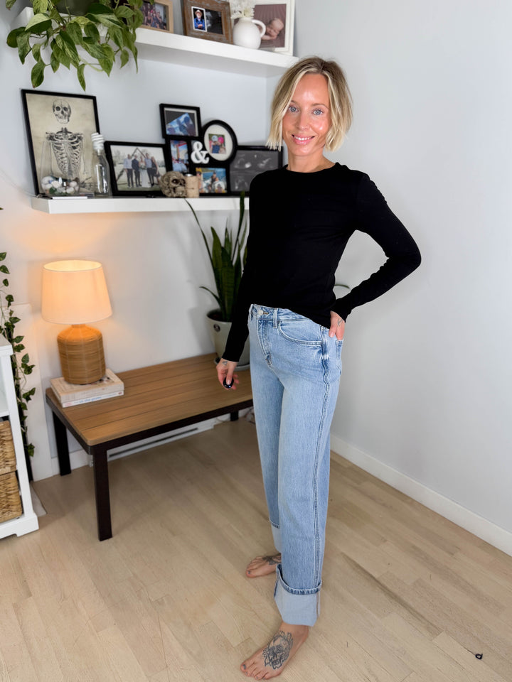 Vervet Ally High Rise Cuffed Baggy Jean- LIGHT WASH