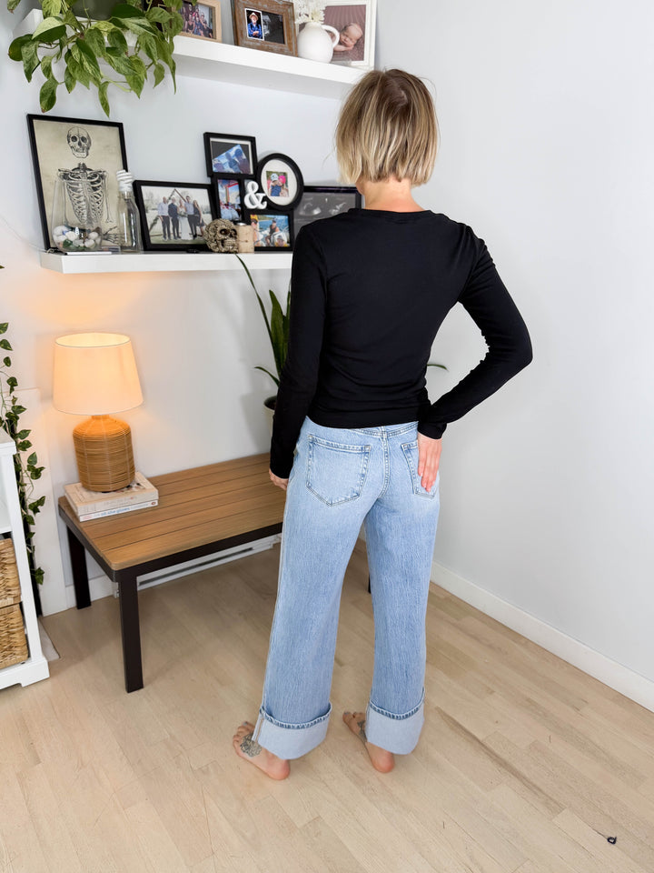 Vervet Ally High Rise Cuffed Baggy Jean- LIGHT WASH
