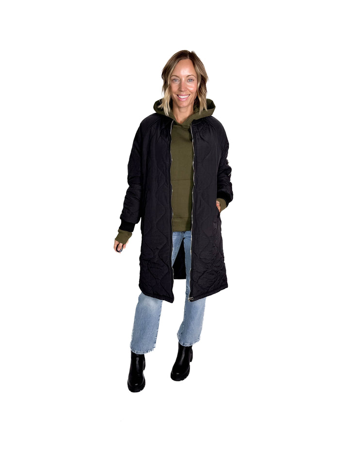 Trail Quilted Zip Up Long Utility Jacket- BLACK