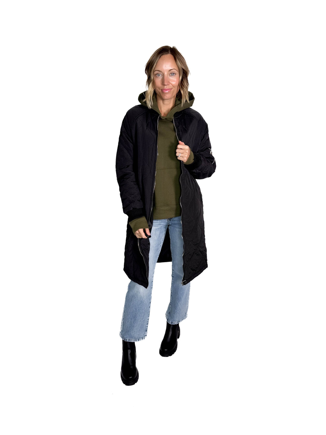 Trail Quilted Zip Up Long Utility Jacket- BLACK