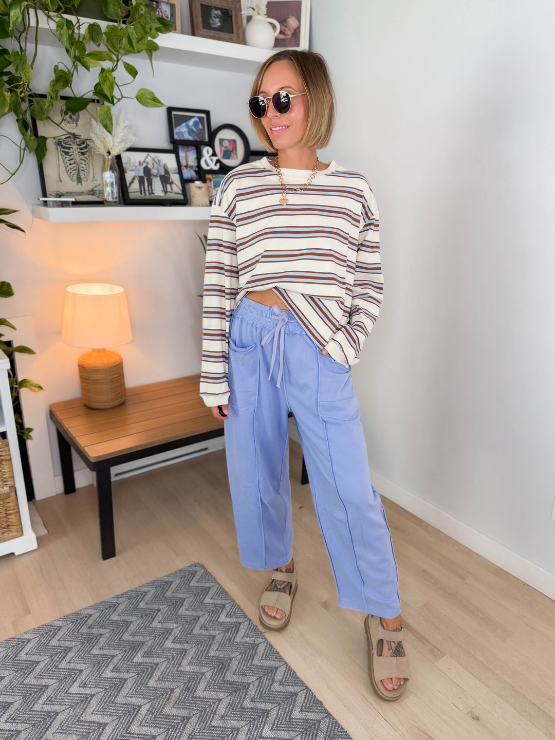 Daisee Stripe Cotton Crewneck- BLUE CAMEL