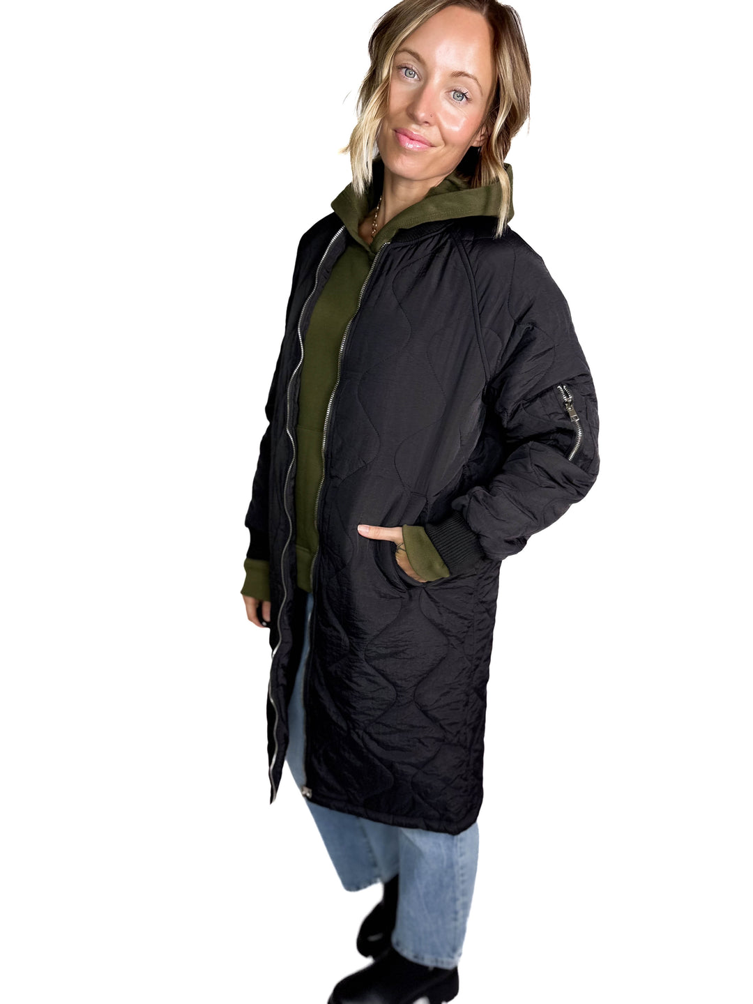 Trail Quilted Zip Up Long Utility Jacket- BLACK
