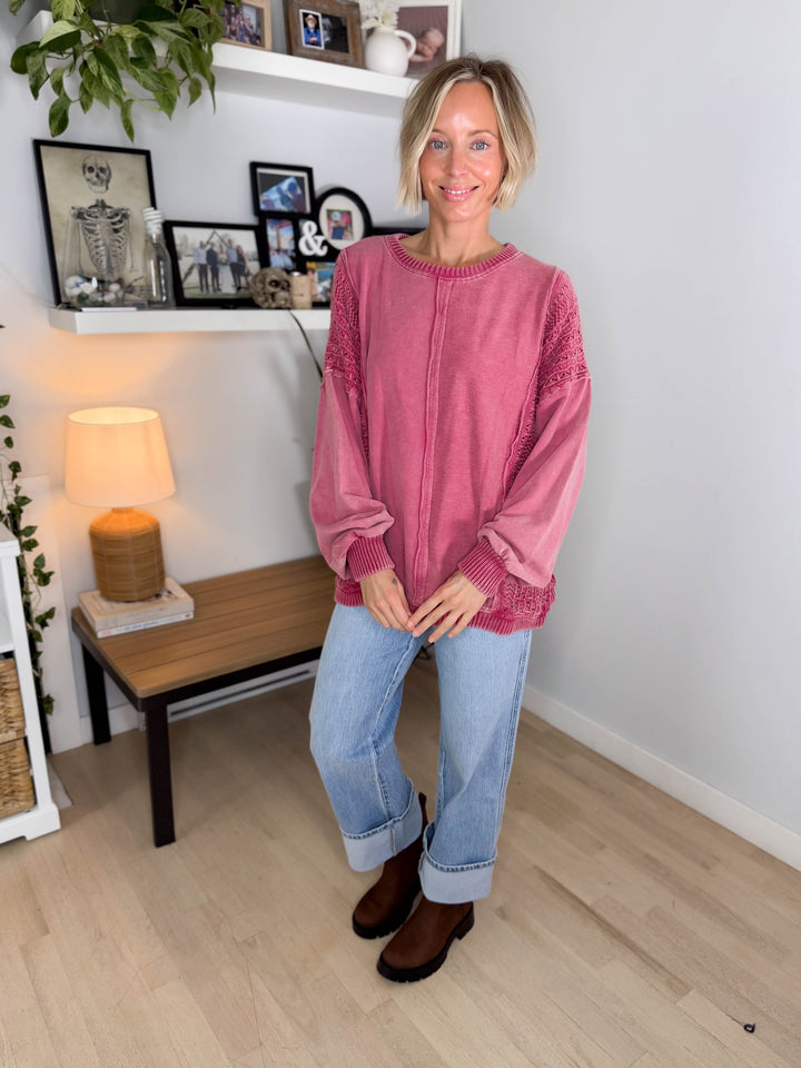 Victoria Washed Cotton Sweater- RASPBERRY
