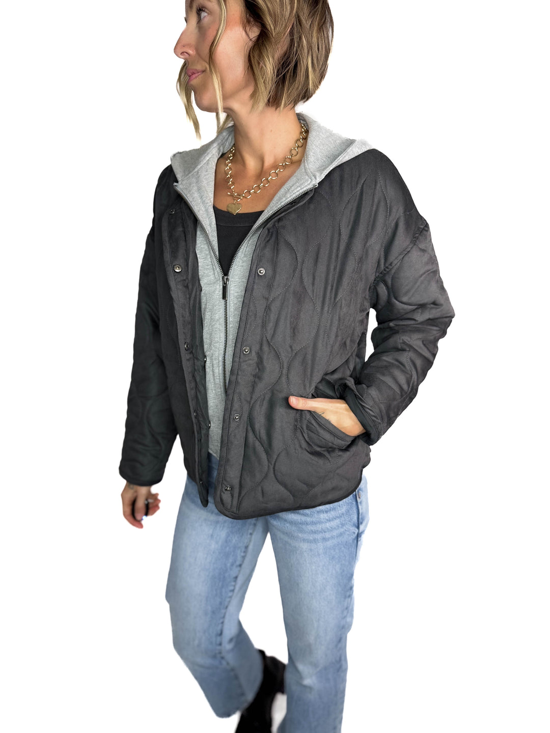 Dylan Quilted Hoodie Jacket- CHARCOAL