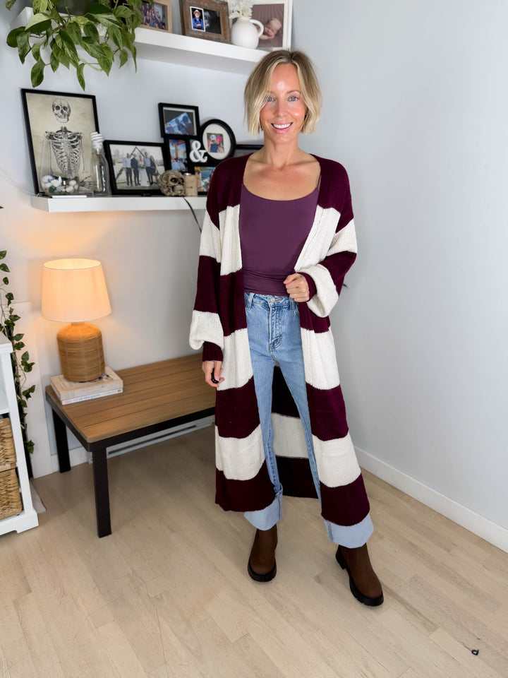 Emma Striped Long Knit Cardigan- BURGUNDY