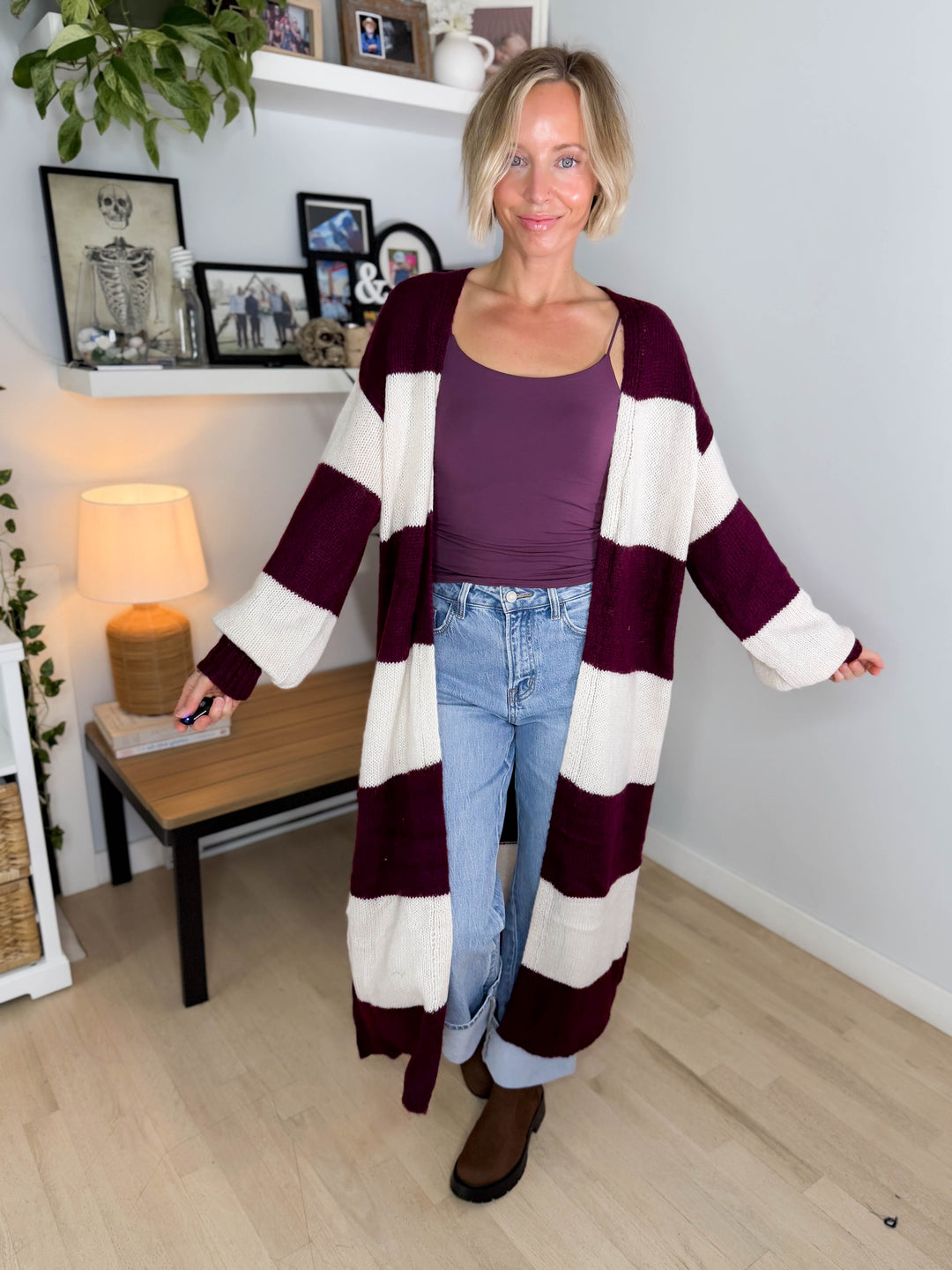 Emma Striped Long Knit Cardigan- BURGUNDY