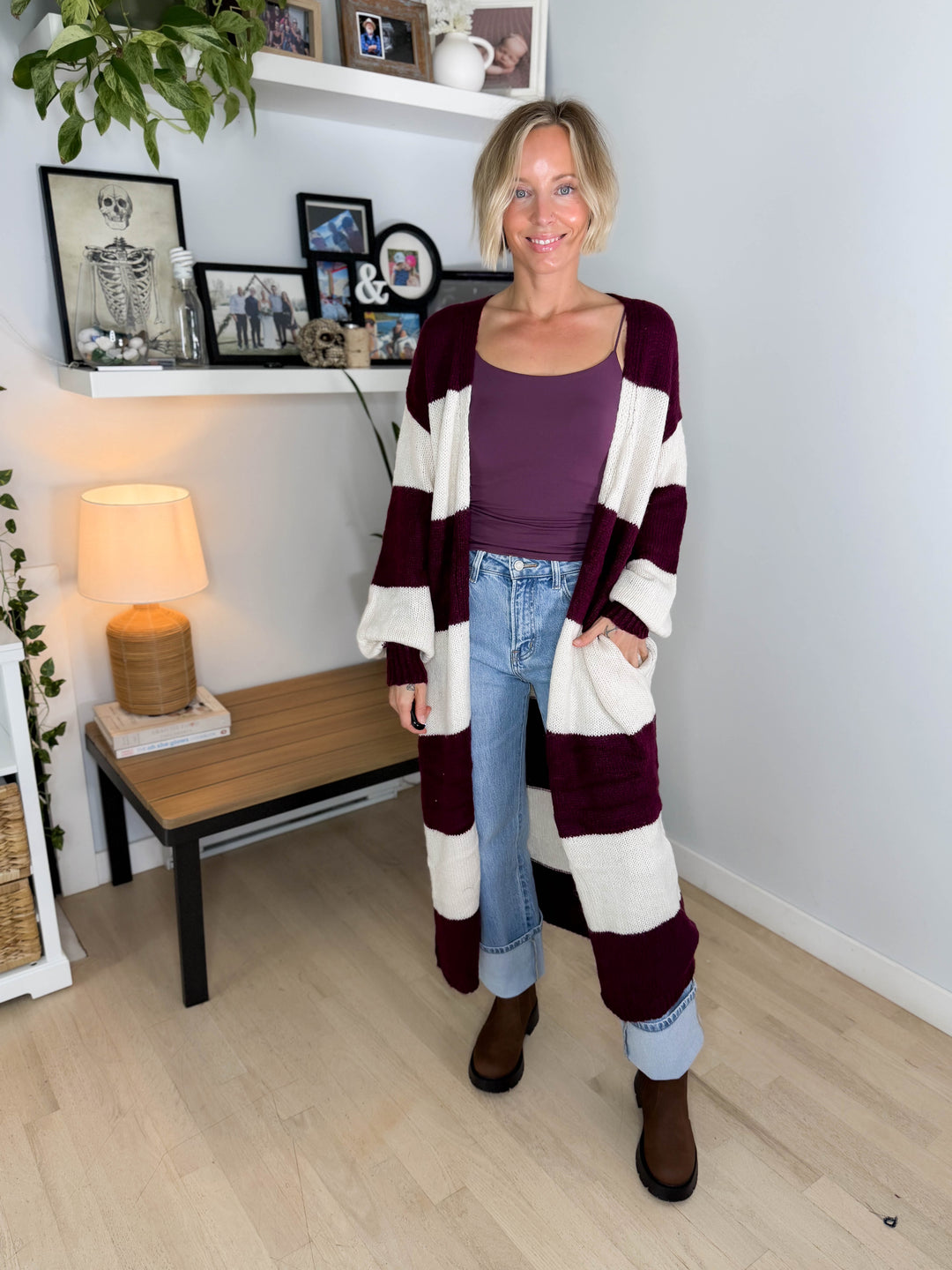 Emma Striped Long Knit Cardigan- BURGUNDY