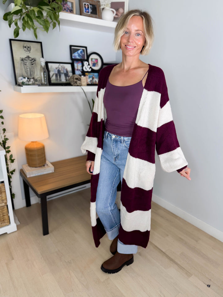 Emma Striped Long Knit Cardigan- BURGUNDY