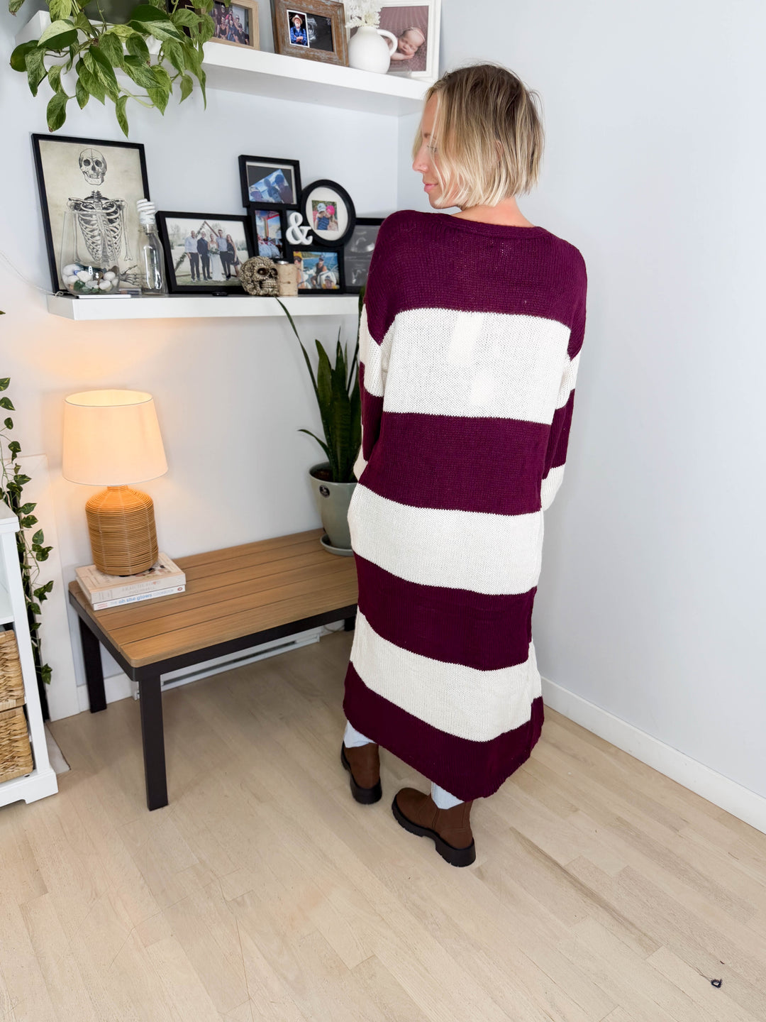Emma Striped Long Knit Cardigan- BURGUNDY
