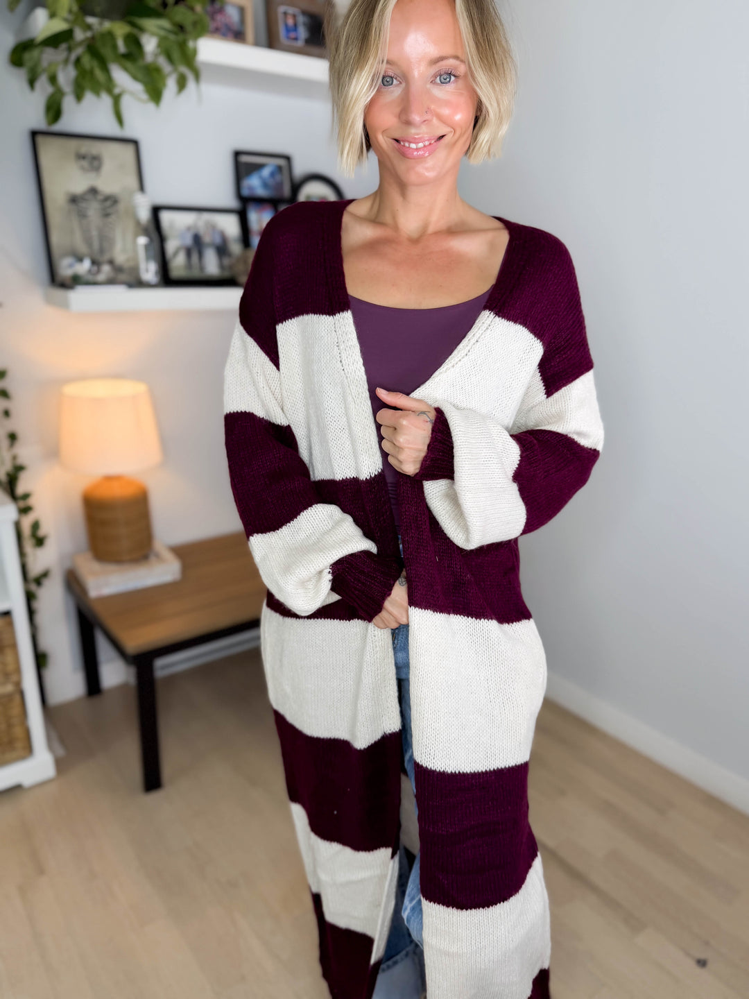 Emma Striped Long Knit Cardigan- BURGUNDY