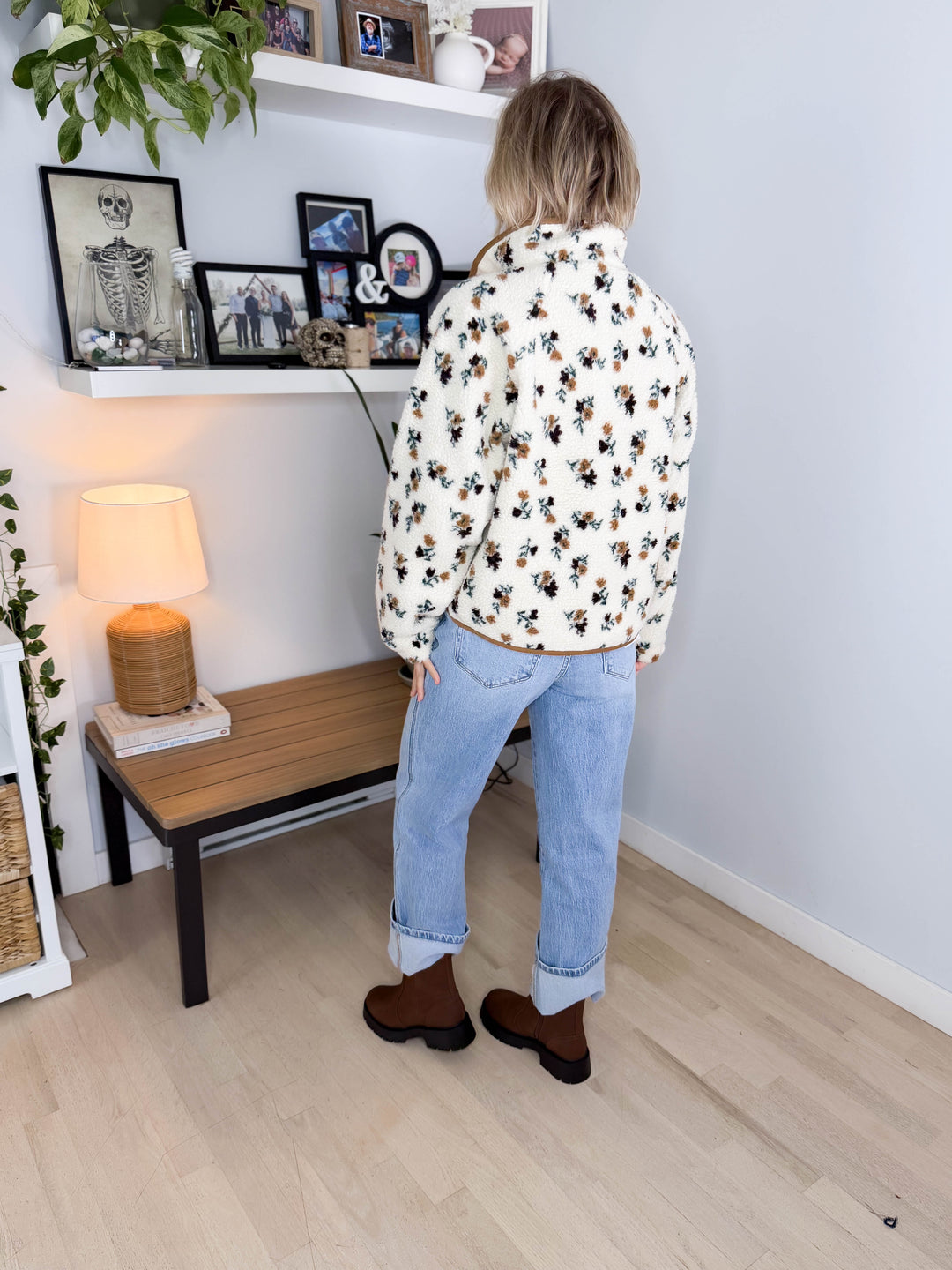 Tamara Floral Sherpa Fleece Jacket- CREAM/KHAKI