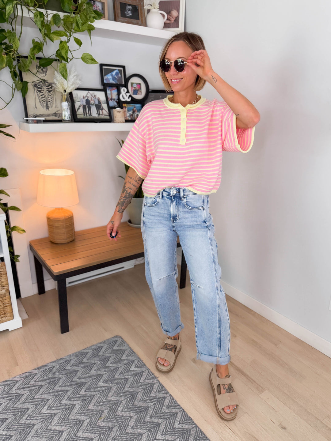 Palmer Striped Short Sleeve Henley- PINK LEMONADE