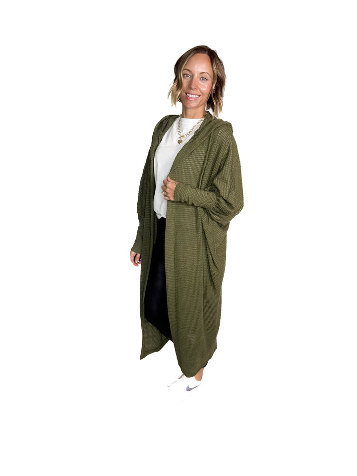 Myah Waffle Duster Cardigan- DARK OLIVE