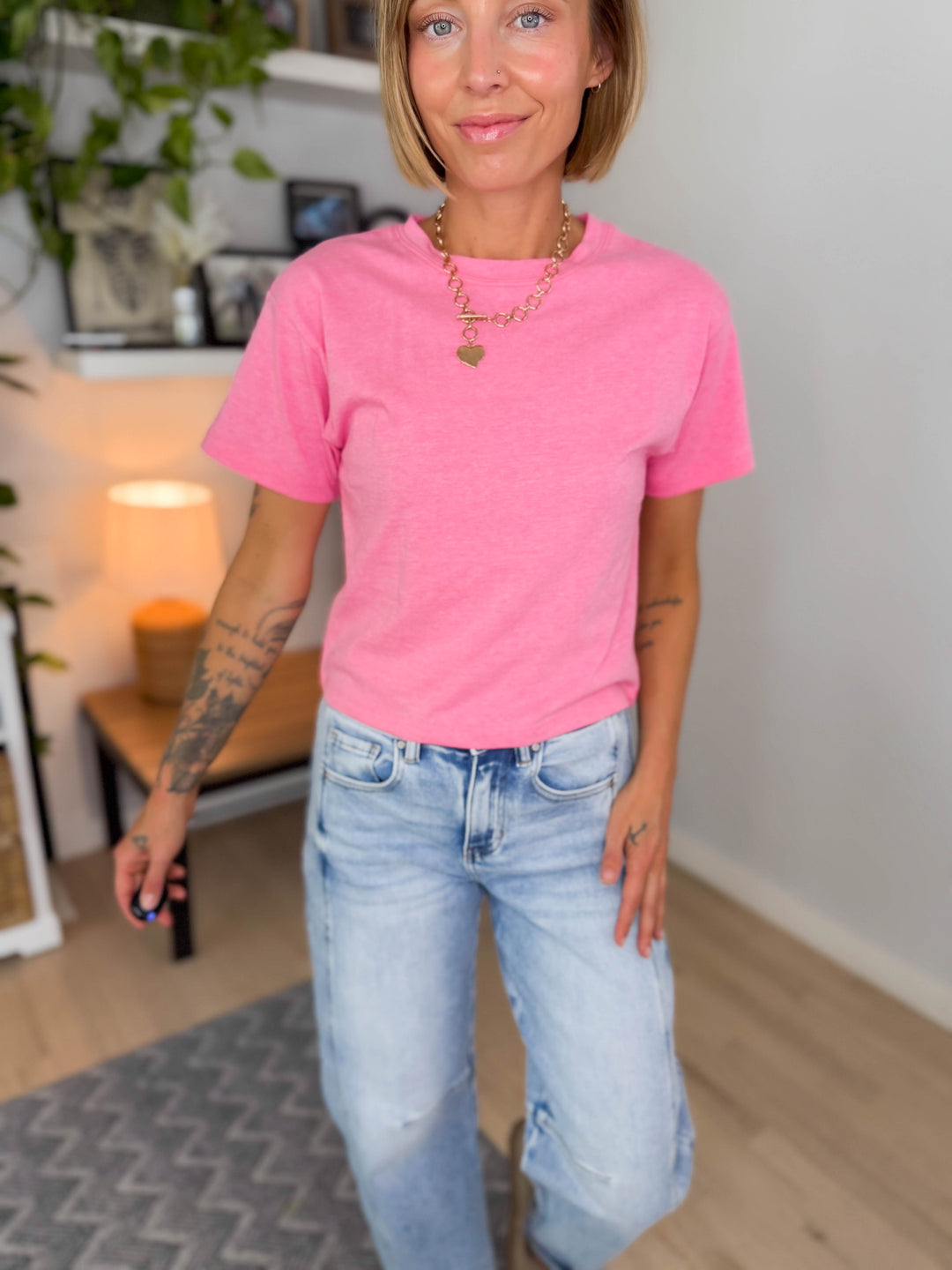 Nova Crew Neck Cropped T-Shirt- HTHR FUCHSIA