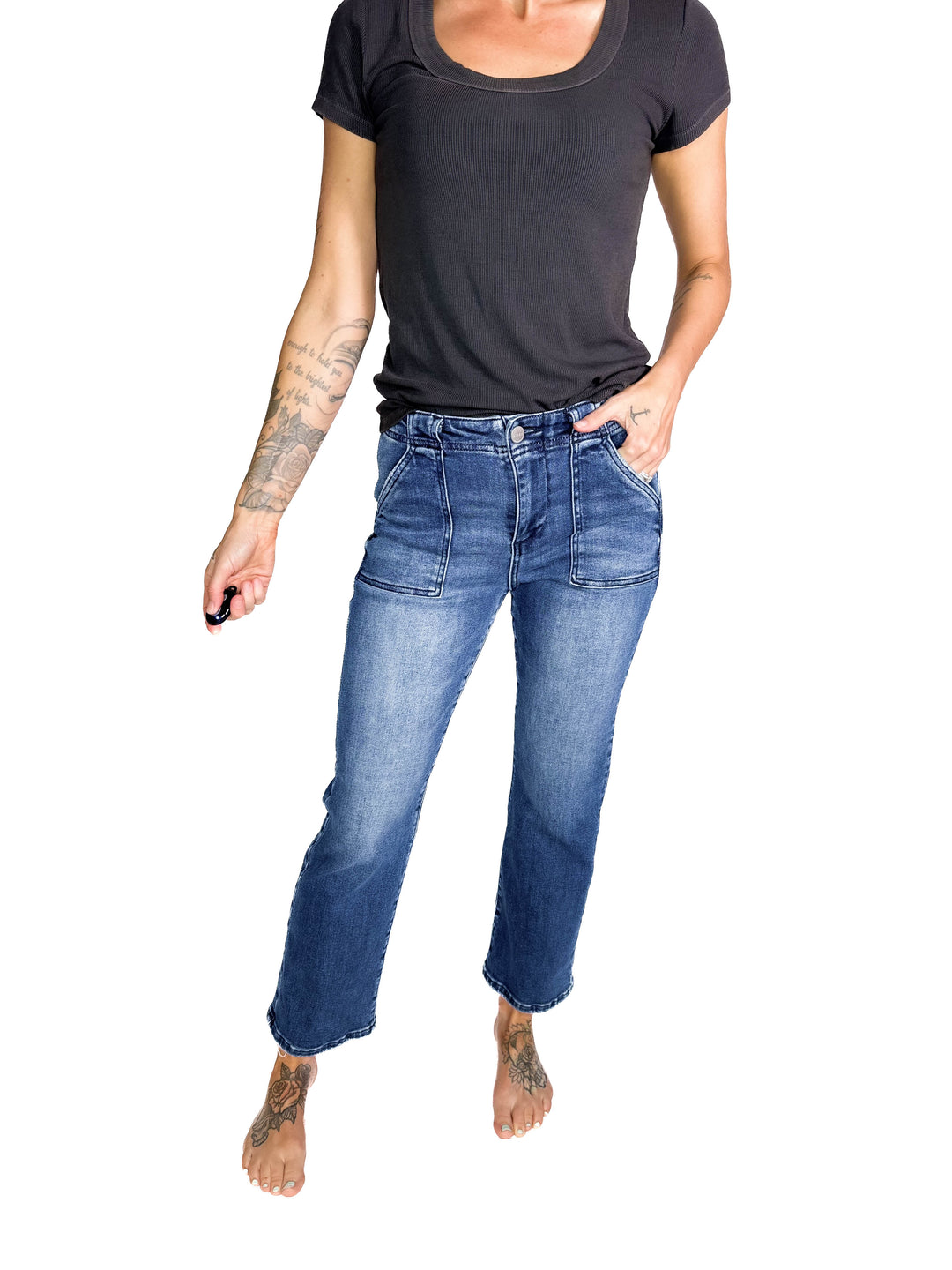 RISEN Groove High Rise Ankle Flare Patch Pocket Jeans- DARK WASH