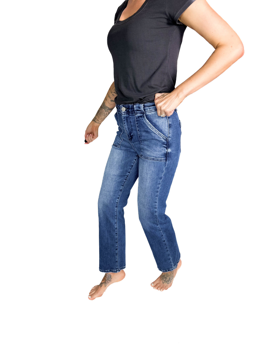 RISEN Groove High Rise Ankle Flare Patch Pocket Jeans- DARK WASH