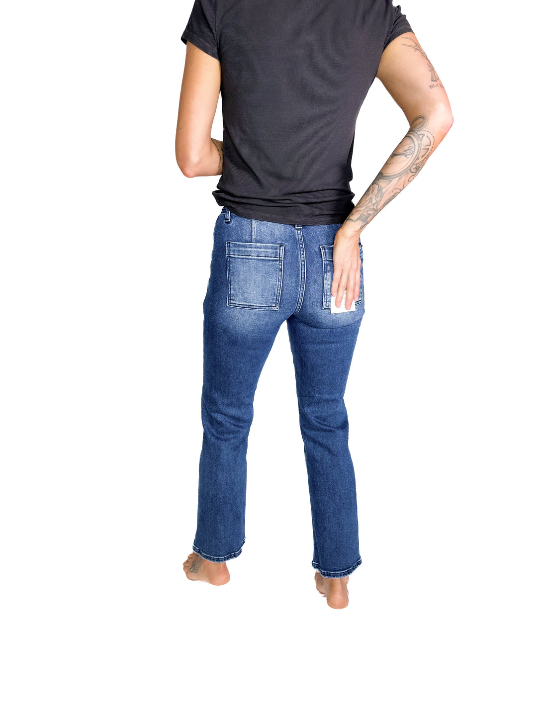 RISEN Groove High Rise Ankle Flare Patch Pocket Jeans- DARK WASH