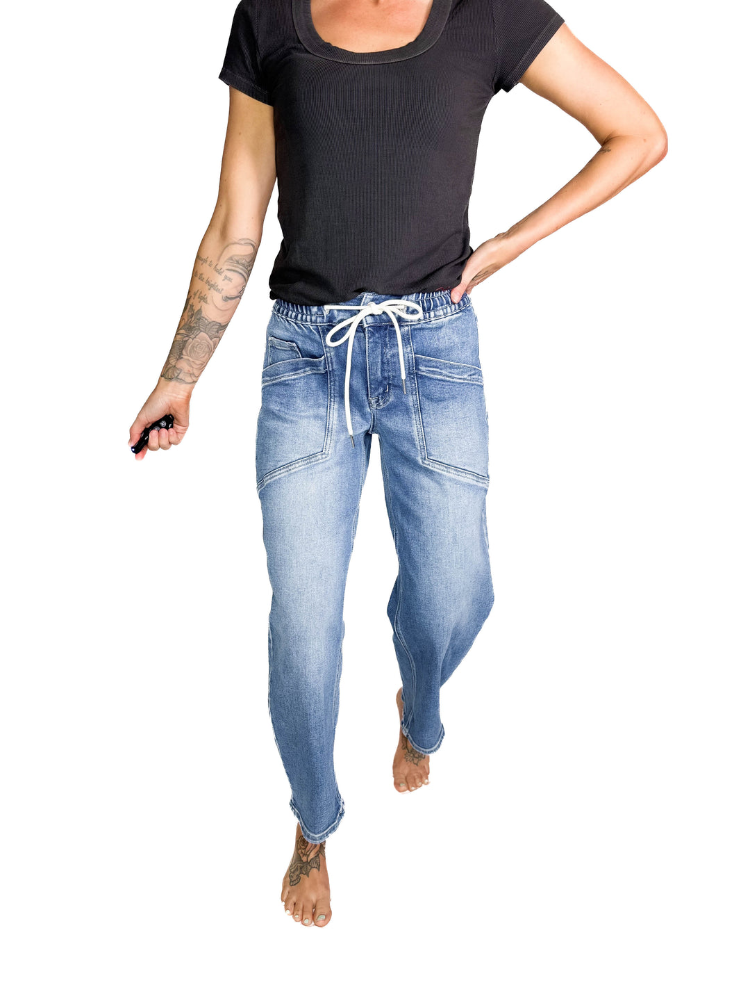 VERVET Eadan High Rise Drawstring Barrel Jean- MEDIUM WASH