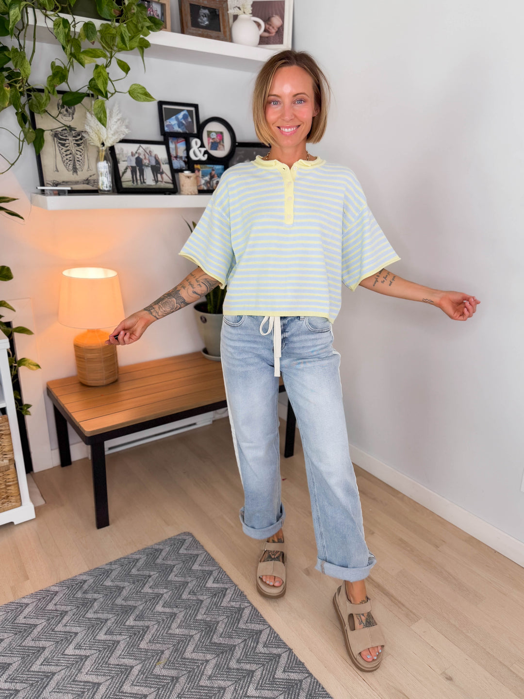 Palmer Striped Short Sleeve Henley- BLUE LEMONADE