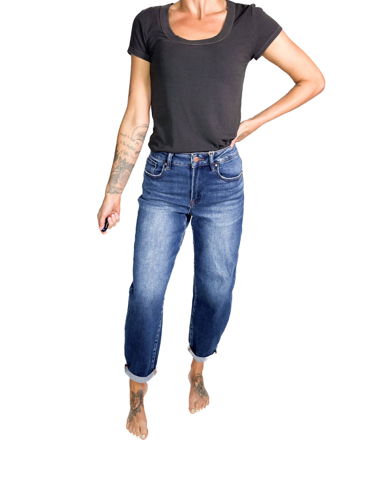 RISEN Dora High Rise Classic Barrel Jean- DARK WASH