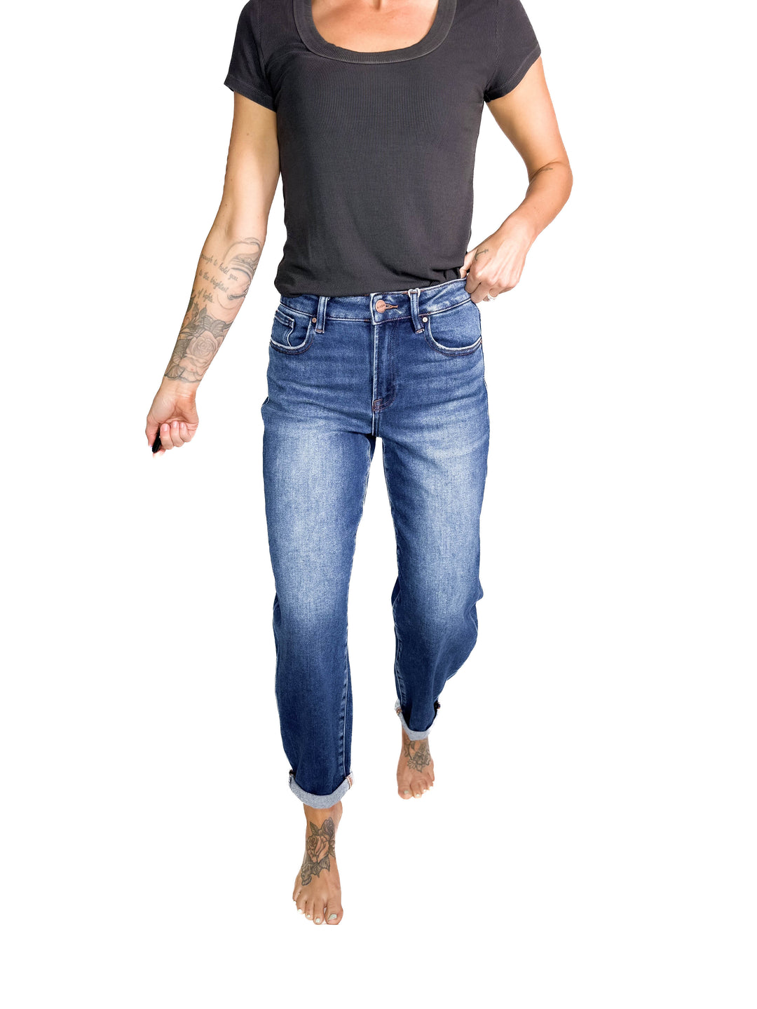 RISEN Dora High Rise Classic Barrel Jean- DARK WASH