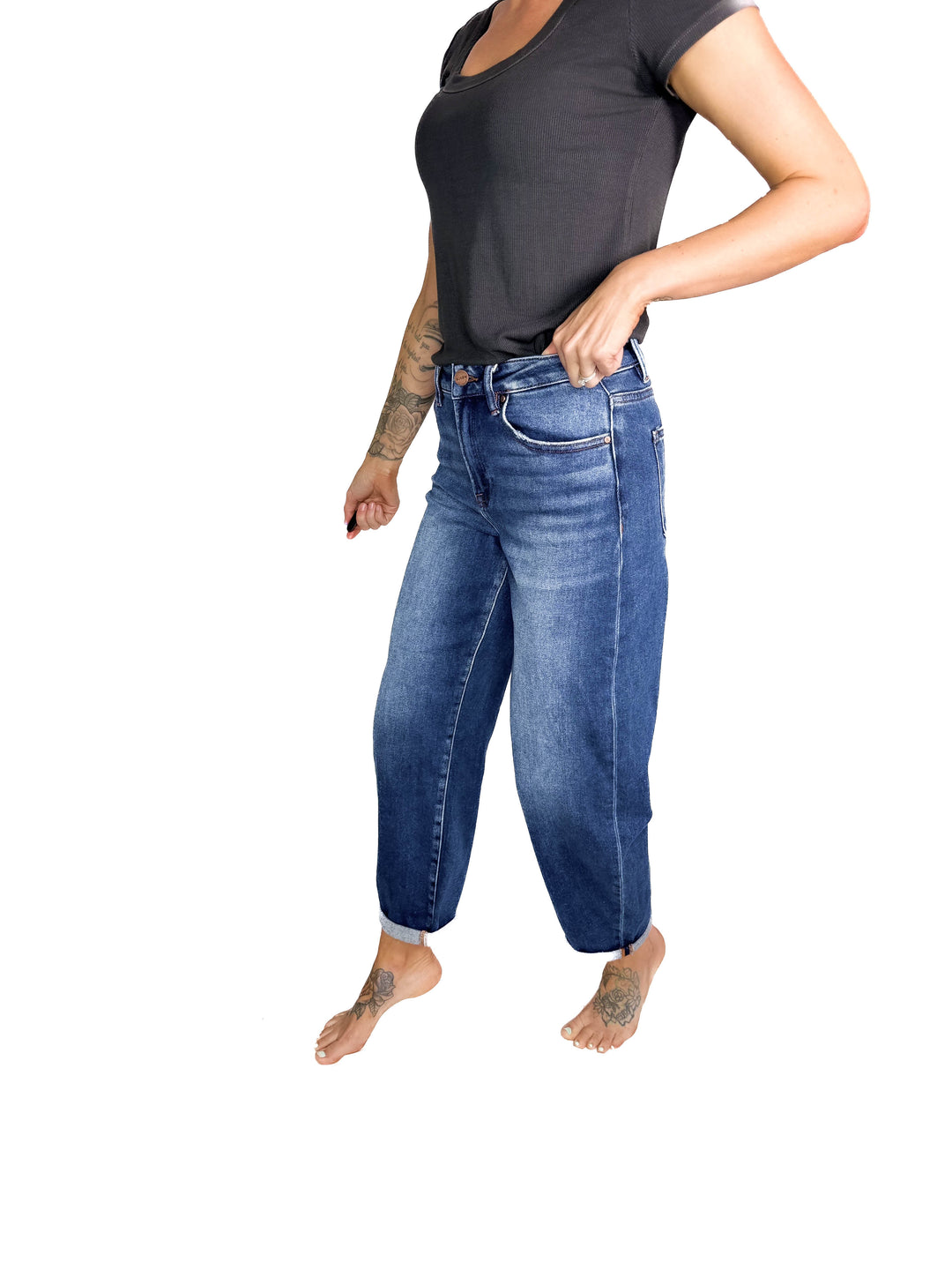 RISEN Dora High Rise Classic Barrel Jean- DARK WASH