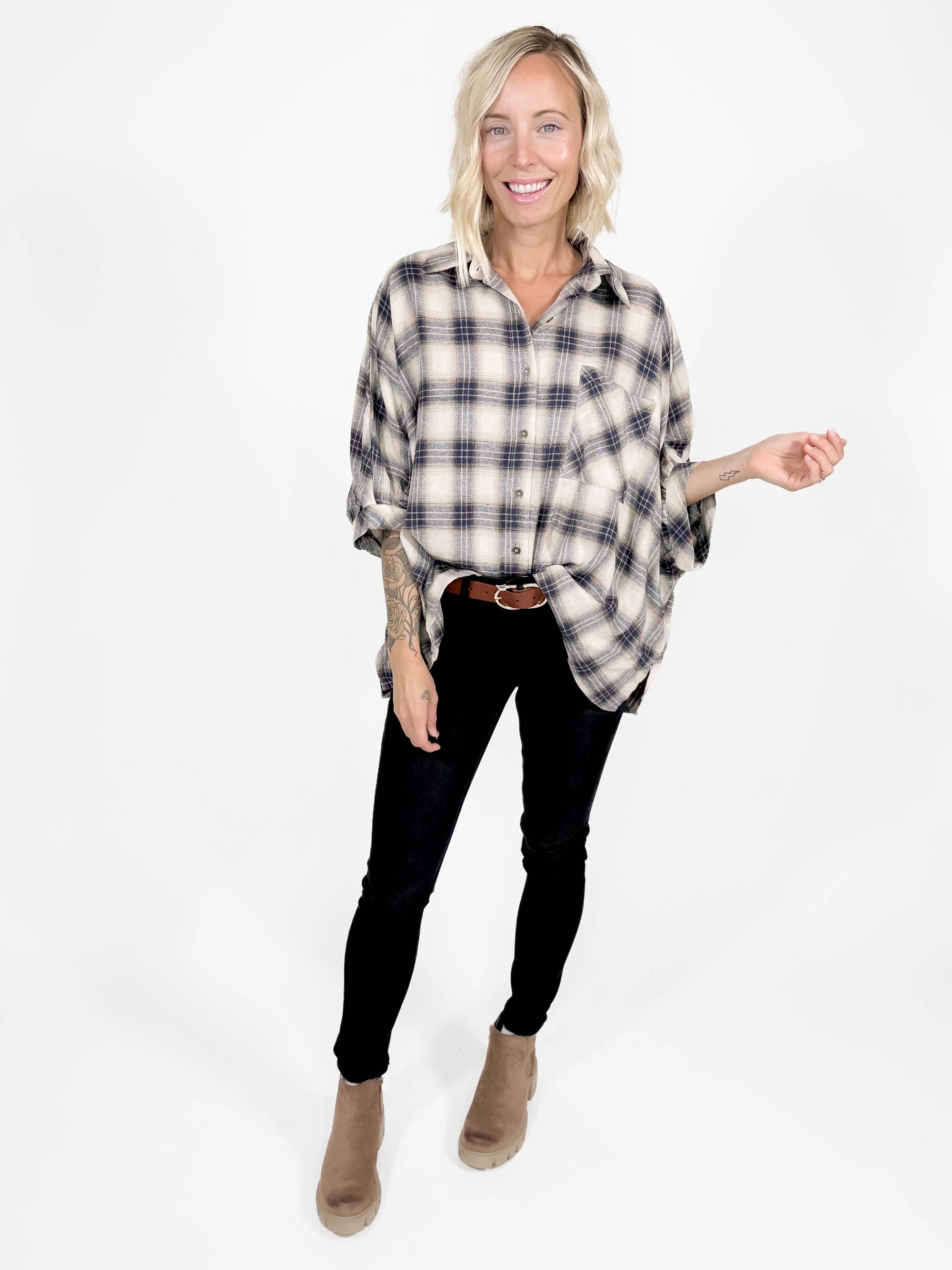 Dexter Plaid Blouse- TAUPE-FINAL SALE