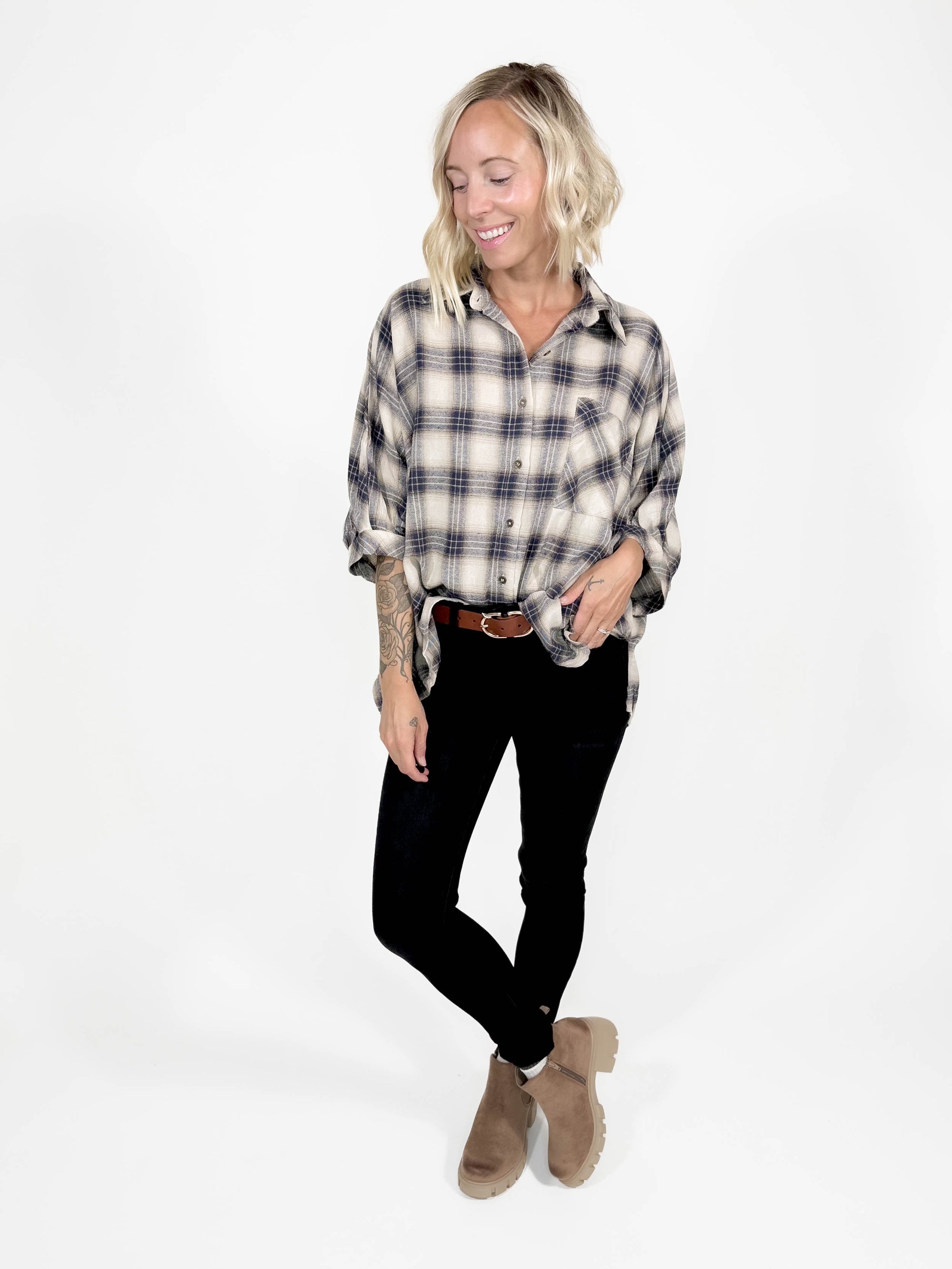 Dexter Plaid Blouse- TAUPE-FINAL SALE