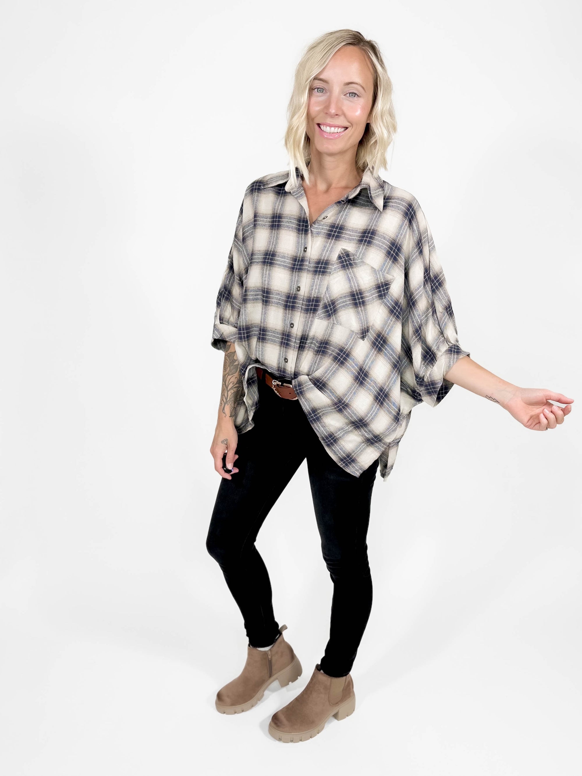 Dexter Plaid Blouse- TAUPE-FINAL SALE