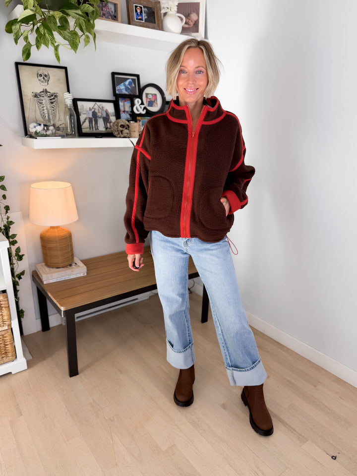 Christina Full Zip Sherpa Fleece Jacket- BROWN