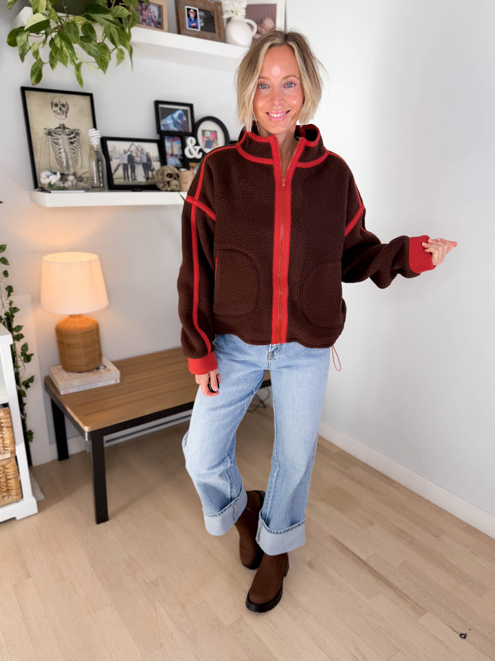 Christina Full Zip Sherpa Fleece Jacket- BROWN