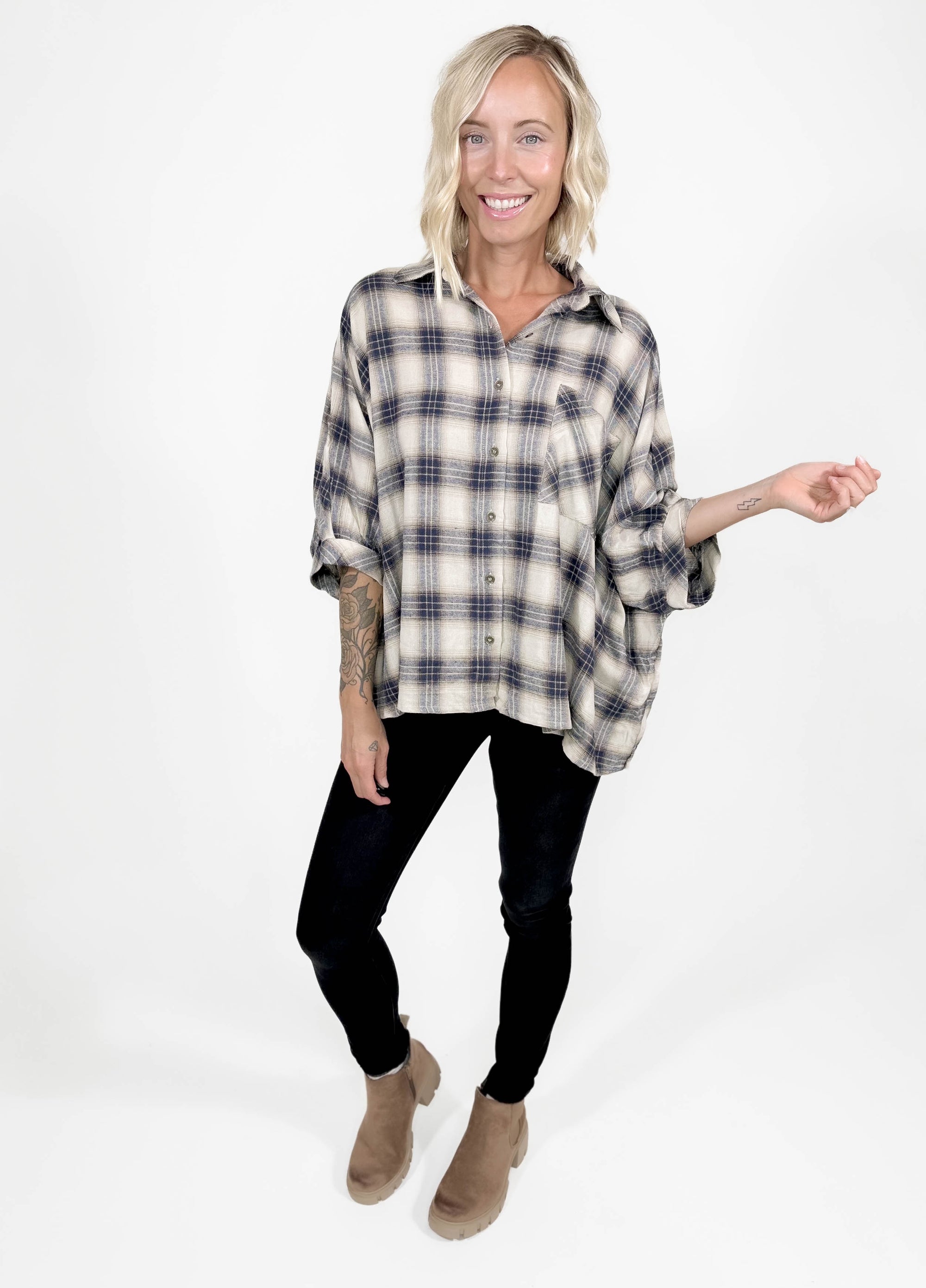 Dexter Plaid Blouse- TAUPE-FINAL SALE