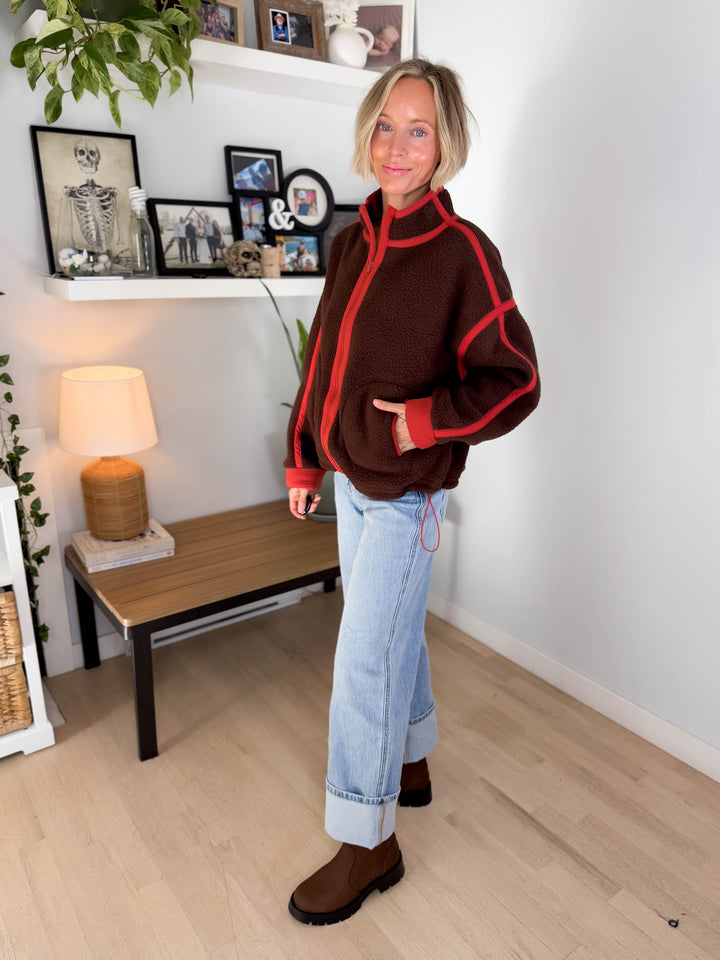Christina Full Zip Sherpa Fleece Jacket- BROWN