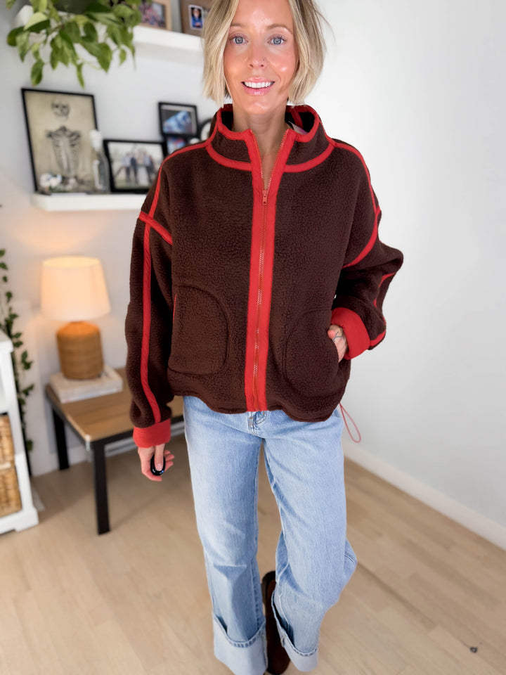 Christina Full Zip Sherpa Fleece Jacket- BROWN