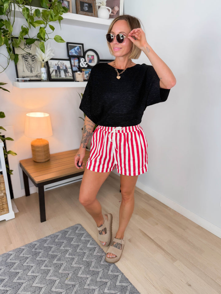 Maria Stripe Twill Denim Shorts- RED