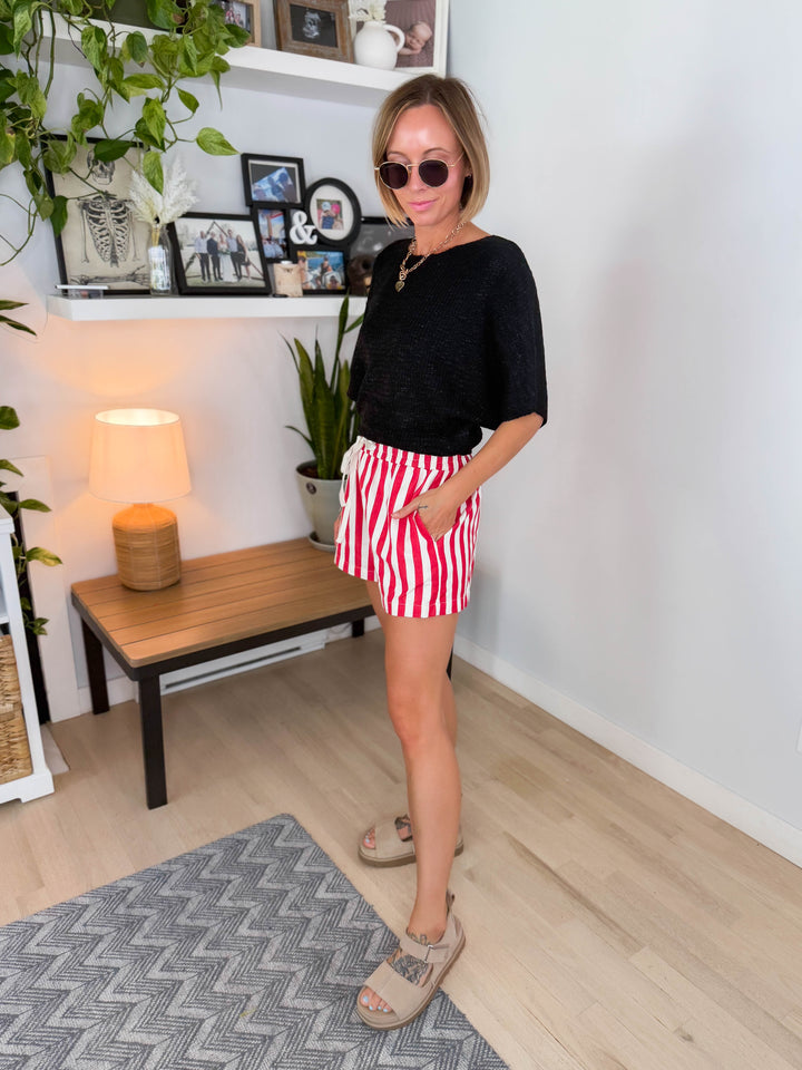 Maria Stripe Twill Denim Shorts- RED
