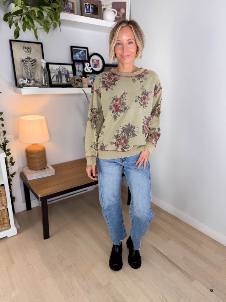 Nutmeg Floral Pullover- GREEN OLIVE