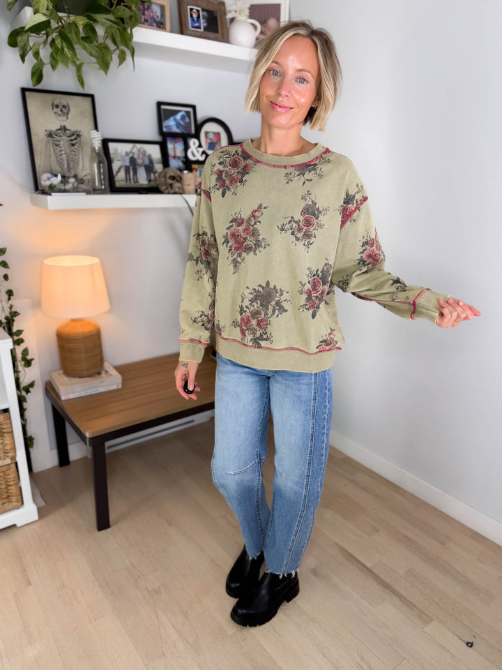 Nutmeg Floral Pullover- GREEN OLIVE